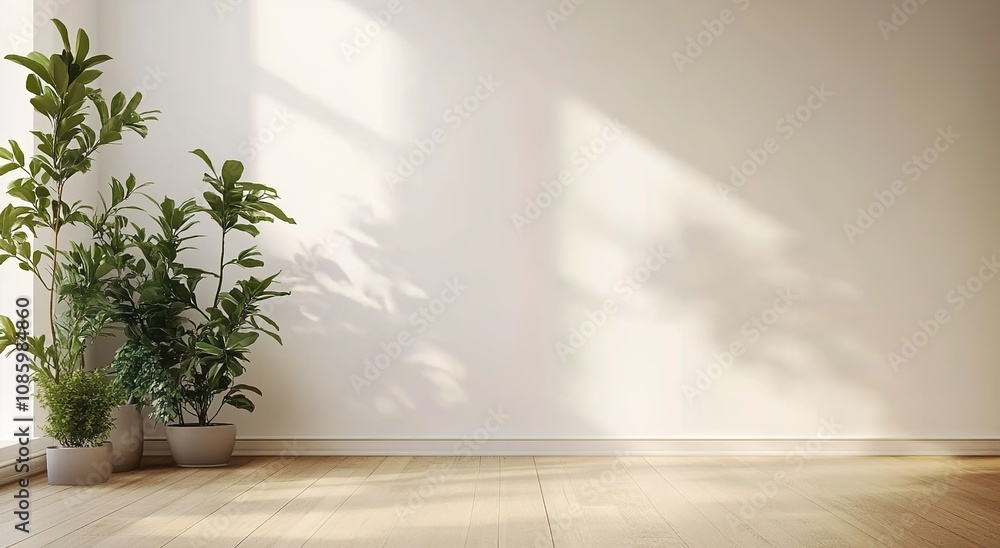 A white wall in an empty room with a wooden floor and plants A white wall in an empty room with a wooden floor and plants