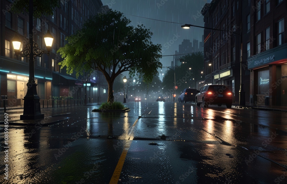 heavy downpour of rain, with water droplets suspended in mid-air, illuminated by the soft glow of streetlights or neon signs, set against a dark, misty cityscape, lush forest heavy downpour of rain, with water droplets suspended in mid-air, illuminated by the soft glow of streetlights or neon signs, set against a dark, misty cityscape, lush forest
