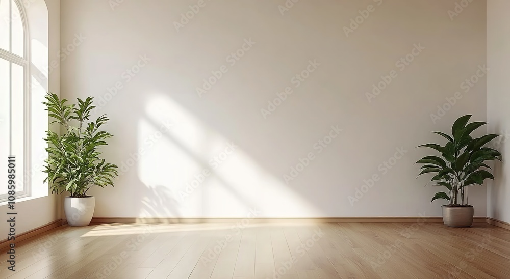 A white wall in an empty room with a wooden floor and plants A white wall in an empty room with a wooden floor and plants