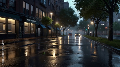 heavy downpour of rain, with water droplets suspended in mid-air, illuminated by the soft glow of streetlights or neon signs, set against a dark, misty cityscape, lush forest