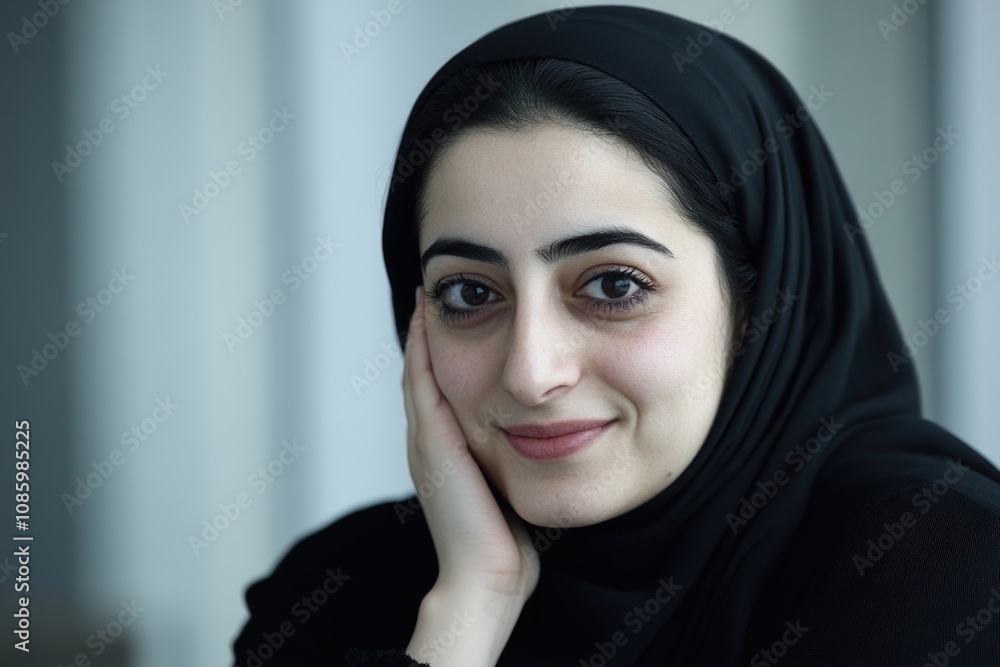 Young middle eastern woman smiling with black hijab indoors Young middle eastern woman smiling with black hijab indoors