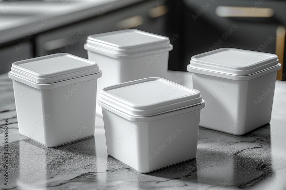 Set of White Plastic Storage Containers on Marble Countertop Set of White Plastic Storage Containers on Marble Countertop