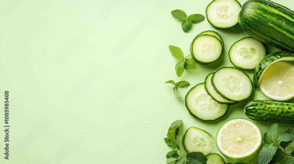 Fresh Sliced Cucumbers with Juicy Flesh and Green Skin Fresh Sliced Cucumbers with Juicy Flesh and Green Skin