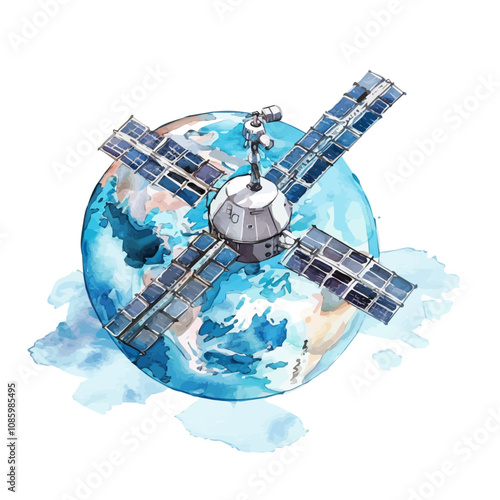 A watercolor painting of a space station orbiting Earth, with the planet's surface and clouds visible in the background. Space station orbiting Earth vector.