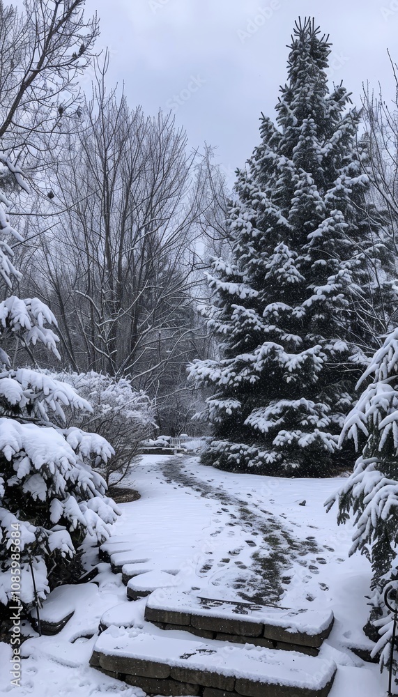 Enchanting winter garden with snow capped pines highlighting tranquility and scenic beauty Enchanting winter garden with snow capped pines highlighting tranquility and scenic beauty