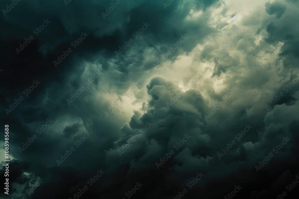An airplane soaring through thick grey clouds in the sky An airplane soaring through thick grey clouds in the sky