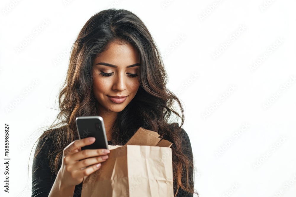 A woman looks down at her phone while holding a shopping bag, likely checking orders or messages A woman looks down at her phone while holding a shopping bag, likely checking orders or messages