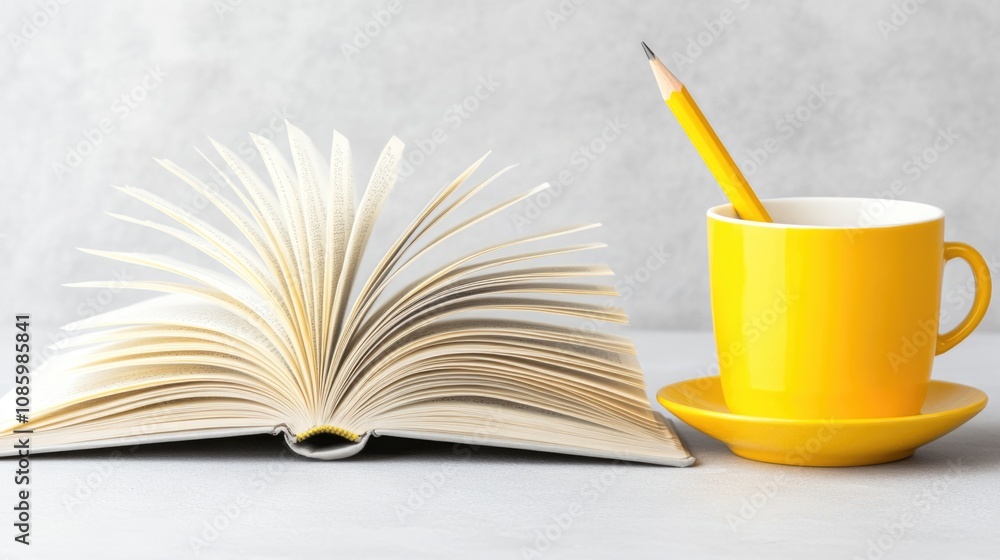 Naklejka premium Open book and yellow coffee cup with pencil on marble table
