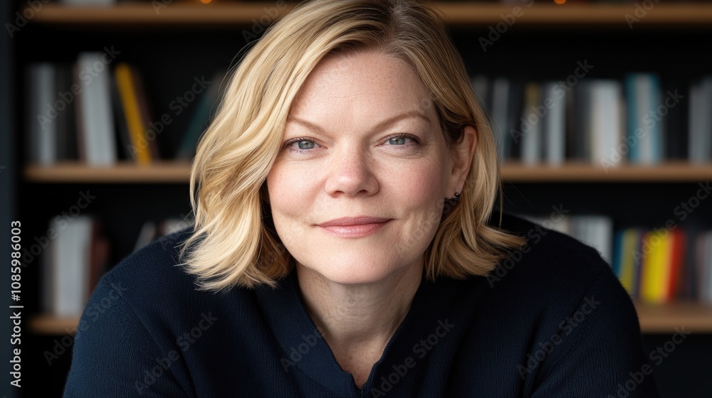 Caucasian mature female with blonde hair posing in front of bookshelf Caucasian mature female with blonde hair posing in front of bookshelf
