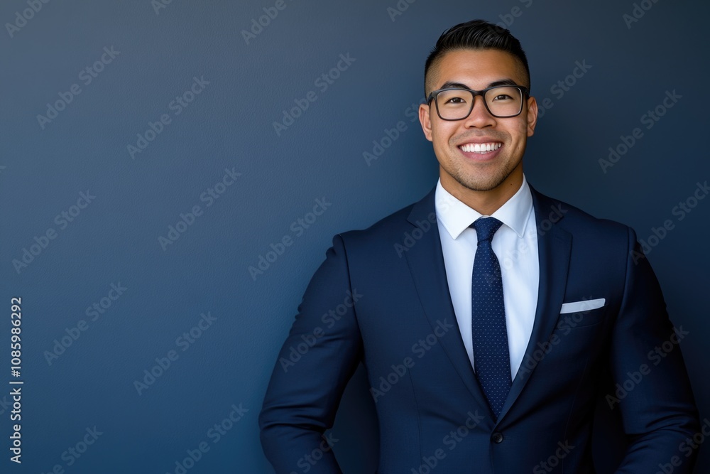 Confident smiling young asian male professional in suit against dark background Confident smiling young asian male professional in suit against dark background