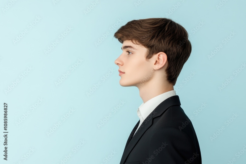 A young man wearing a black suit and white shirt, suitable for formal events or professional settings A young man wearing a black suit and white shirt, suitable for formal events or professional settings