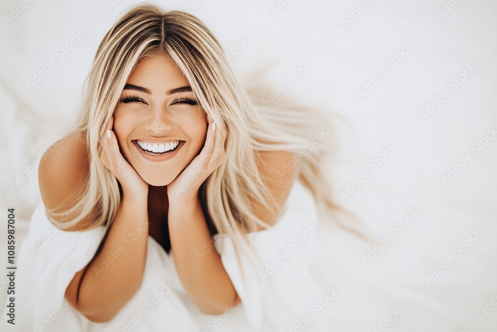 Fototapeta premium Smiling caucasian female adult with long blonde hair on white background