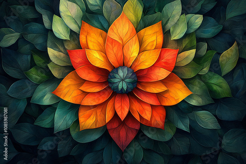 Wallpaper Mural Vivid Orange Flower Surrounded By Lush Green Leaves Torontodigital.ca