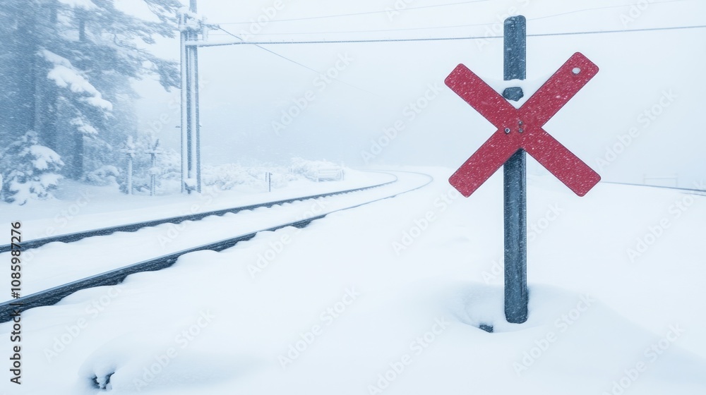 Snowy railroad crossing sign in winter landscape with heavy snowfall Snowy railroad crossing sign in winter landscape with heavy snowfall