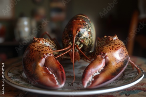 Fresh seafood, dinner plate with two lobsters, restaurant or home cooking concept photo