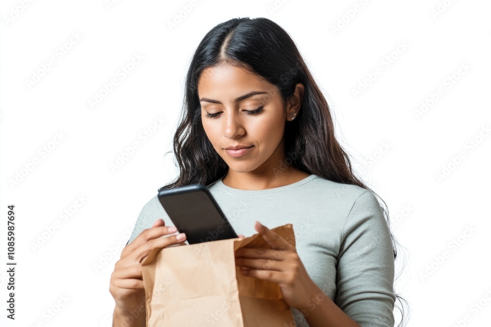 A woman looks at her phone while holding a paper bag, everyday moment captured A woman looks at her phone while holding a paper bag, everyday moment captured