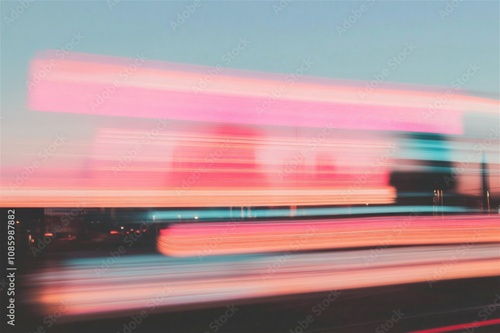Long exposure of moving lights creating colorful streaks across the evening sky, capturing the energy of urban movement Long exposure of moving lights creating colorful streaks across the evening sky, capturing the energy of urban movement