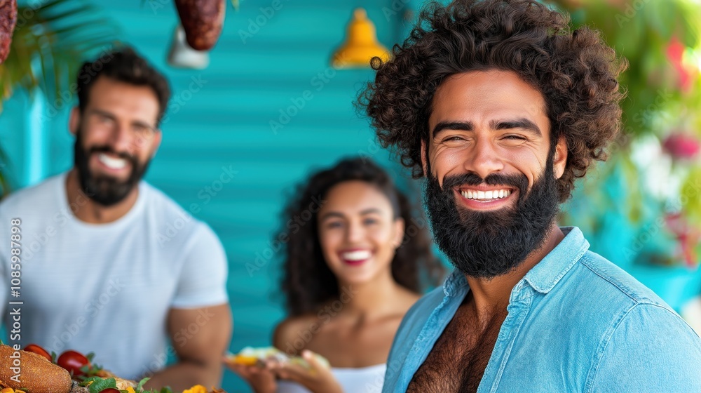 Obraz premium group of three friends is gathered at a lively outdoor setting, enjoying a summer barbecue filled with food and laughter, showcasing their joyful expressions