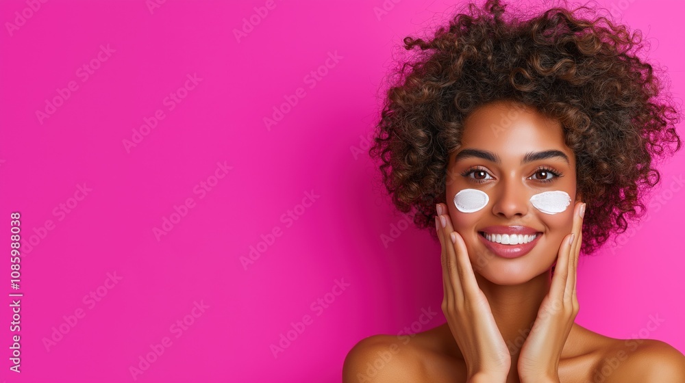 young woman with curly hair applies facial cream to her cheeks, smiling brightly. lively pink background creates a cheerful atmosphere that emphasizes her skincare routine young woman with curly hair applies facial cream to her cheeks, smiling brightly. lively pink background creates a cheerful atmosphere that emphasizes her skincare routine