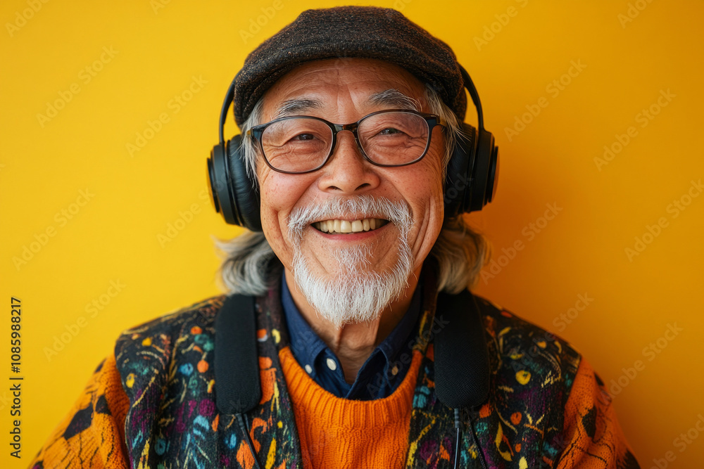 A smiling Asian senior wears headphones against a yellow background, showcasing a joyful connection to music in a clean and minimalist style, ideal for a mockup A smiling Asian senior wears headphones against a yellow background, showcasing a joyful connection to music in a clean and minimalist style, ideal for a mockup