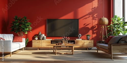 Modern living room interior design with red wall, wooden furniture, large TV and natural light. Minimalist living space with plants and a cozy atmosphere.