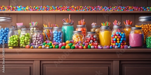 Candy Shop Counter with Shelves Filled with Colorful Candies in Various Shades