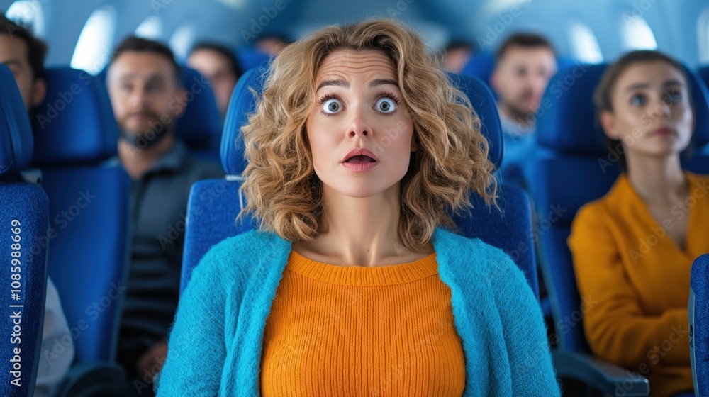 A woman with curly hair and wide eyes looks surprised while seated in an airplane cabin. Other passengers surrounding her appear calm and serious, creating a contrast in expressions A woman with curly hair and wide eyes looks surprised while seated in an airplane cabin. Other passengers surrounding her appear calm and serious, creating a contrast in expressions