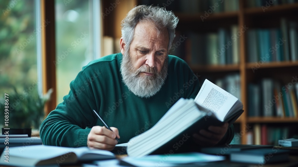 Fototapeta premium bearded man in a green sweater reads a book while taking notes, immersed in his studies at a wooden table in a well-lit library filled with shelves of books
