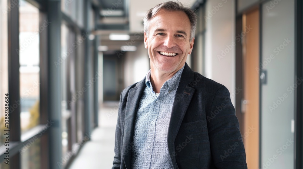 Fototapeta premium A smiling man wearing a black jacket and blue shirt