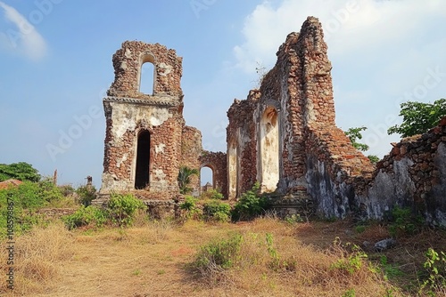 Photography of abandoned church remains in a green meadow, suitable for backgrounds or vintage-themed designs