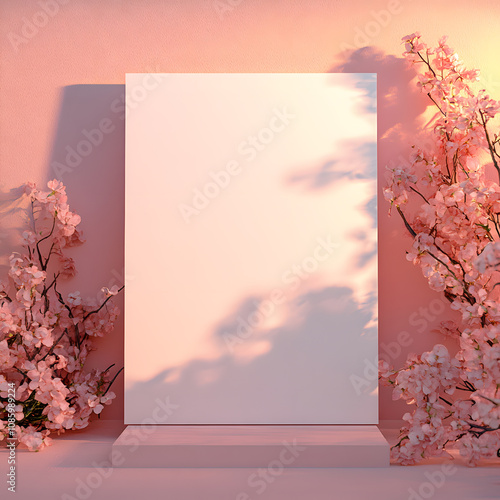 white canvas mockup, canvas is central focus, global illumination, pastel colored walls, few floral elements photo