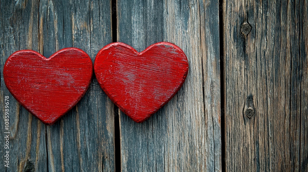 Valentine s Day background with two red hearts on a wooden background, symbolizing love and affection. Valentine s Day background with two red hearts on a wooden background, symbolizing love and affection.