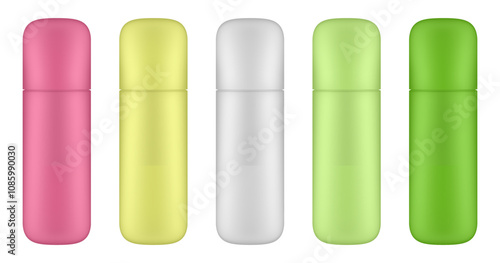 Set of cosmetic bottles for lotion or body milk. Pink, yellow, white and green bottles. Cream, shampoo, shower gel or body lotion