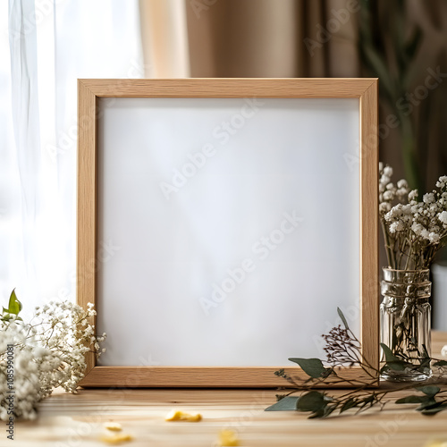 square photo frame mockup, horizontal position resting on a table decorated for a wedding