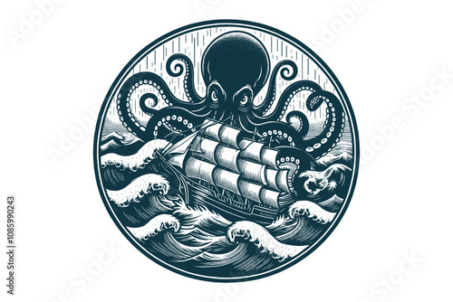 Kraken monster octopus and a ship on the waves. Vintage vector engraving illustration, round emblem, logo, print, tattoo