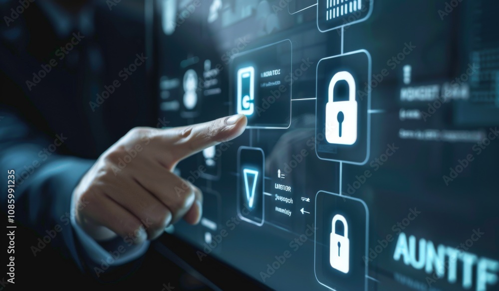 Businessman's finger symbolizes a secure connection in internet data protection. Businessman's finger symbolizes a secure connection in internet data protection.
