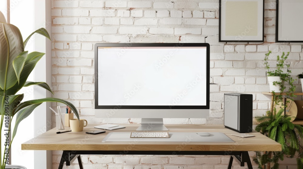 Obraz premium White Rustic Brick Wall Background in Contemporary Home Office