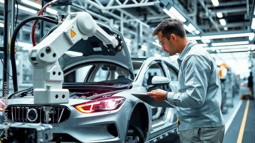 Manufacturing engineers monitor the assembly process of a car on a production line in a car assembly plant Manufacturing engineers monitor the assembly process of a car on a production line in a car assembly plant