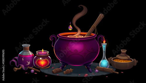 Witch's cauldron with potion and different magic attributes for ritual on dark background with white shades, png