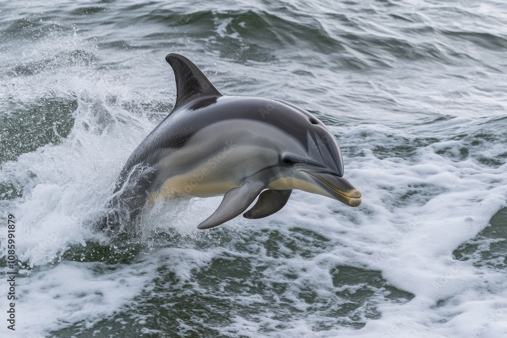 Fototapeta premium A dolphin leaps out of the water in mid-air, showcasing its agility and playfulness