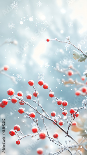 snowflakes gently falling across a light blue sky. In the foreground, clusters of bright red berries rest on frosty branches, creating a beautiful contrast against the soft pastel tones