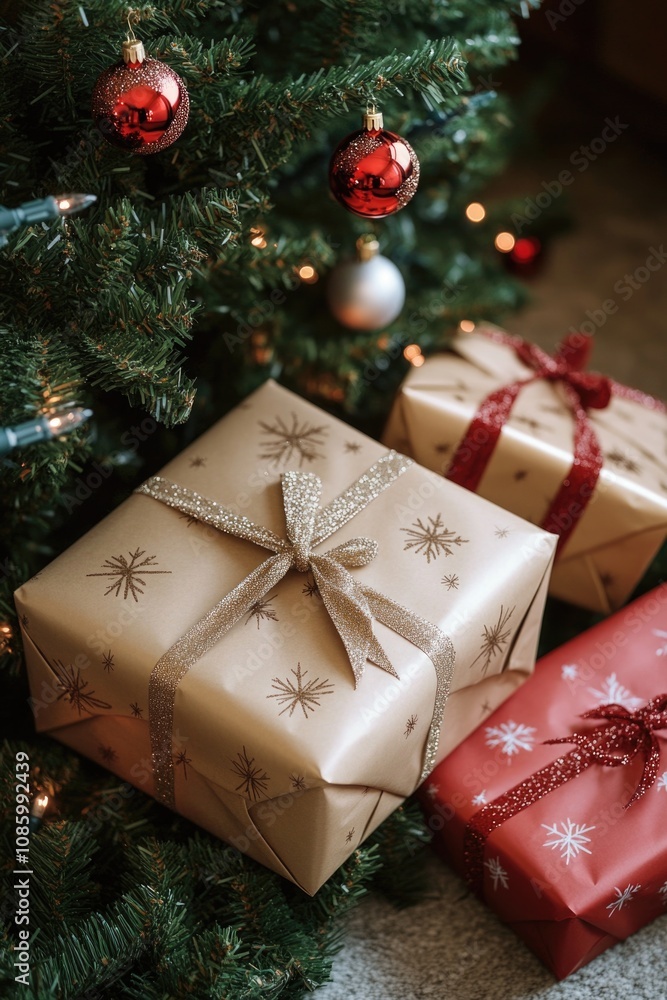 Three wrapped presents under a Christmas tree Three wrapped presents under a Christmas tree