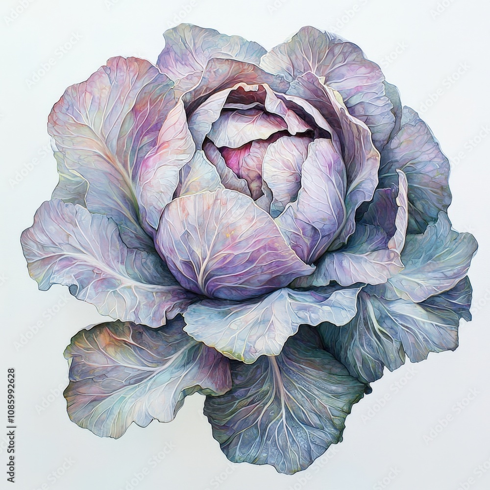 Obraz premium A beautifully detailed illustration of a multi-colored cabbage, showcasing intricate leaves and soft hues against a plain background.