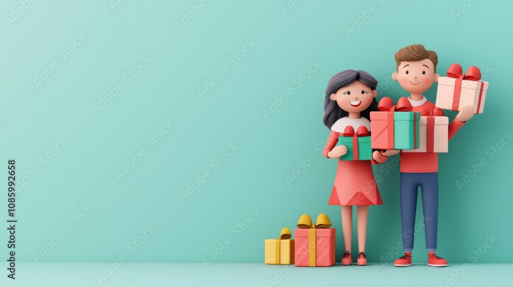 Couple celebrating with colorful gift boxes. Couple celebrating with colorful gift boxes.
