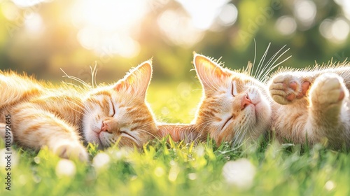 Two orange tabby cats peacefully sleeping on green grass, bathed in warm sunlight, embodying tranquility and relaxation.