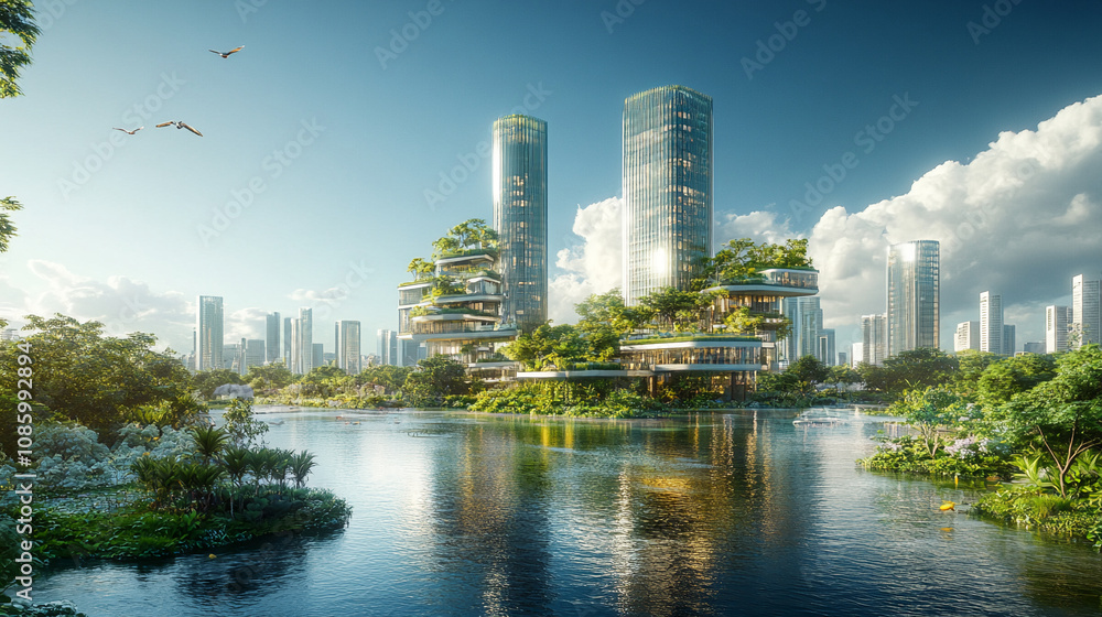 Naklejka premium Modern high-rise buildings integrated with abundant landscaping sit on a lake