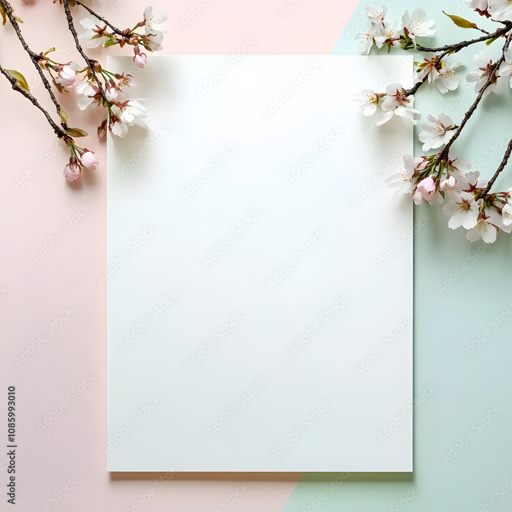 white DIN a4 sheet mockup, muted danish pastel colors, sakura flower branches at the edge of the picture white DIN a4 sheet mockup, muted danish pastel colors, sakura flower branches at the edge of the picture