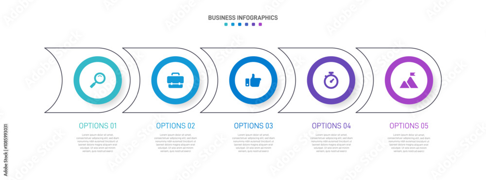 Horizontal progress bar featuring 5 arrow-shaped elements, symbolizing the five stages of business strategy and progression. Clean timeline infographic design template. Vector for presentation
