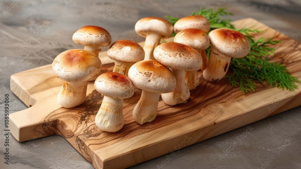Fototapeta premium A variety of mushrooms arranged on a wooden cutting board, perfect for food photography or culinary concepts