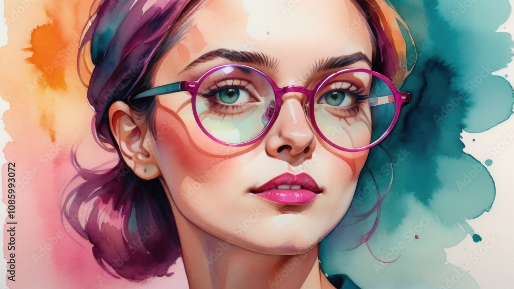 Obraz premium Portrait of a stylish woman with vibrant glasses and watercolor splashes.